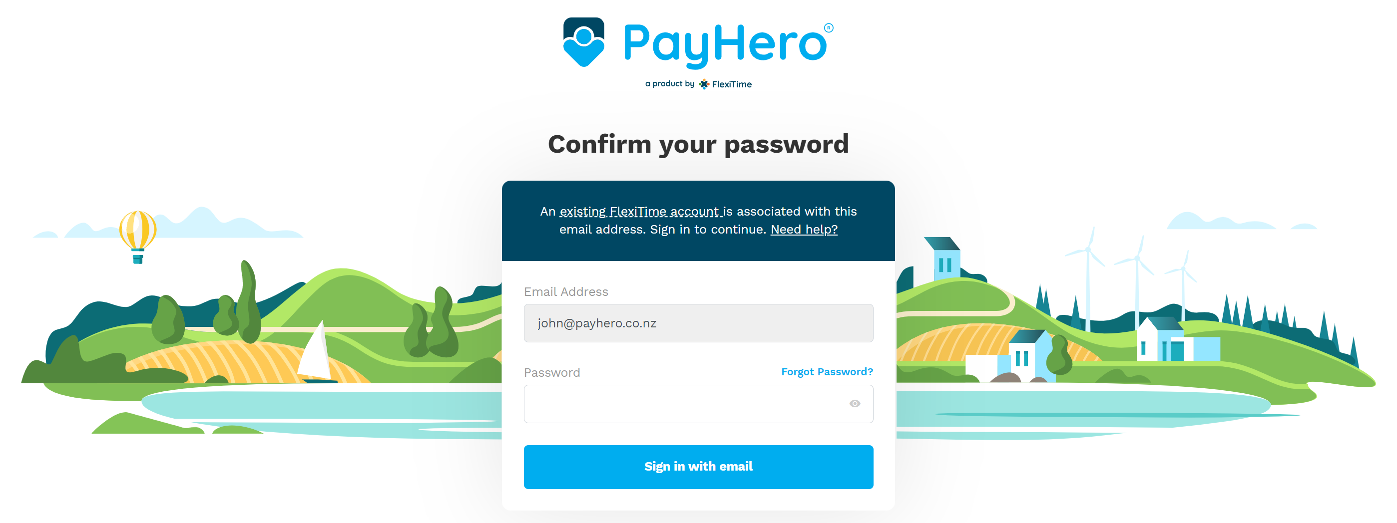 Confirm your password screen for existing FlexiTime users
